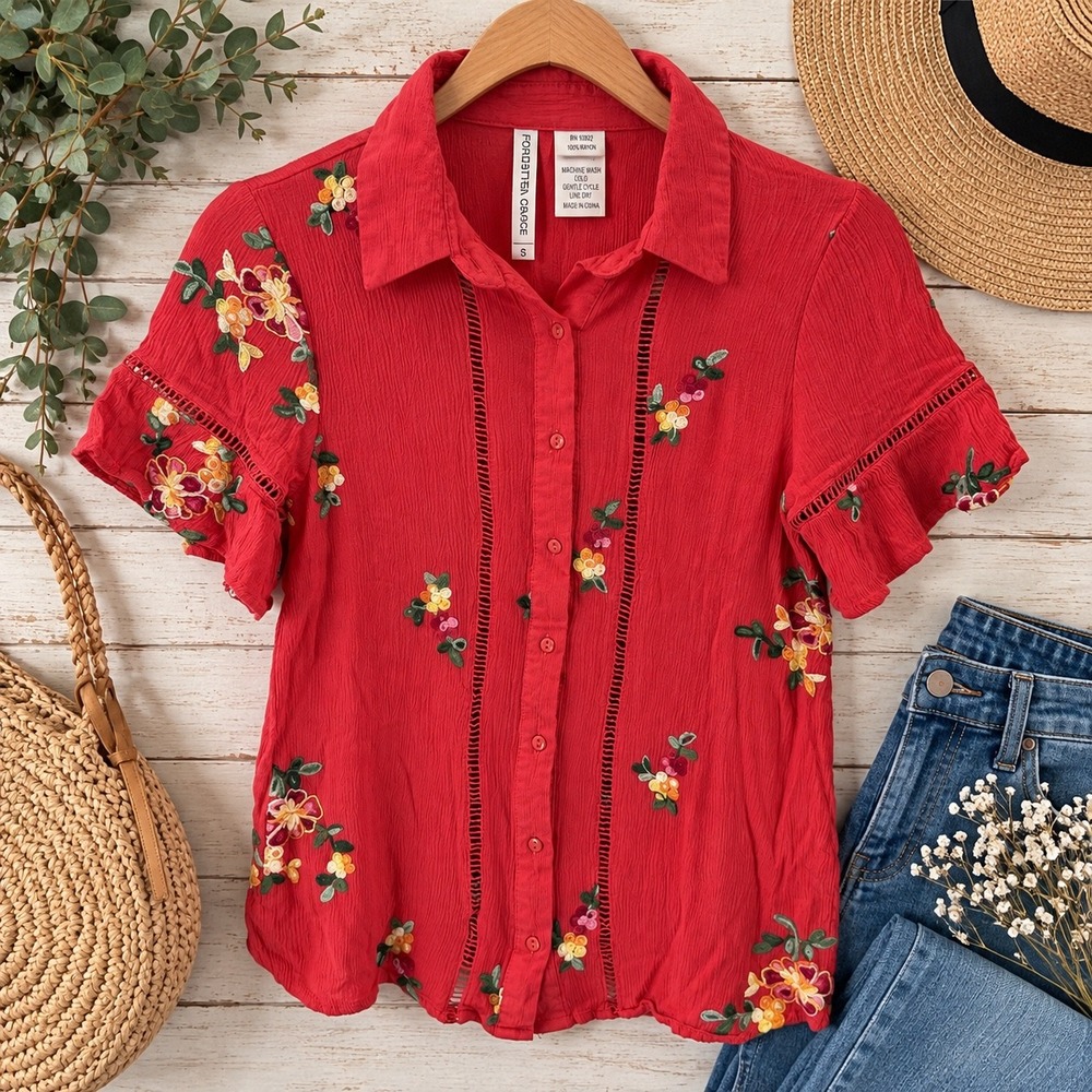 Forgotten Grace Womens Blouse Embroidered Floral S Red Ruffle Boho Cottagecore